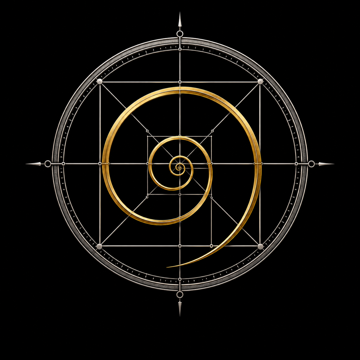 ARCHIMEDES institutional seal: a gold spiral within geometric circles and fine construction lines on black.